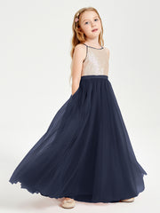 Long Junior Bridesmaid Gown Sequined Top Tulle Skirt Dark Navy