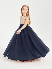 Long Junior Bridesmaid Gown Sequined Top Tulle Skirt Dark Navy