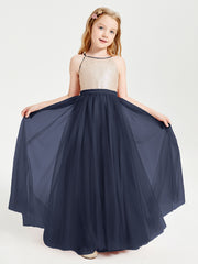 Long Junior Bridesmaid Gown Sequined Top Tulle Skirt Dark Navy