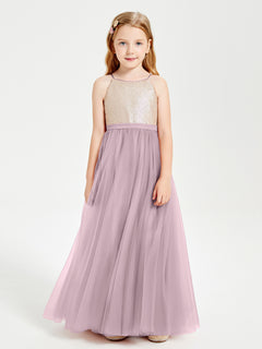 Long Junior Bridesmaid Gown Sequined Top Tulle Skirt Dusk