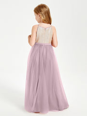 Long Junior Bridesmaid Gown Sequined Top Tulle Skirt Dusk