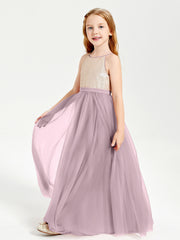 Long Junior Bridesmaid Gown Sequined Top Tulle Skirt Dusk