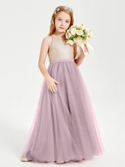 Long Junior Bridesmaid Gown Sequined Top Tulle Skirt Dusk