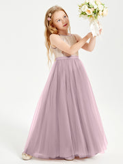 Long Junior Bridesmaid Gown Sequined Top Tulle Skirt Dusk