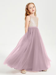 Long Junior Bridesmaid Gown Sequined Top Tulle Skirt Dusk
