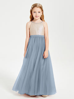 Long Junior Bridesmaid Gown Sequined Top Tulle Skirt Dusty Blue