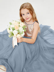 Long Junior Bridesmaid Gown Sequined Top Tulle Skirt Dusty Blue