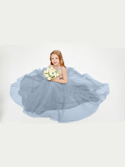 Long Junior Bridesmaid Gown Sequined Top Tulle Skirt Dusty Blue