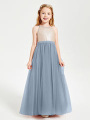 Long Junior Bridesmaid Gown Sequined Top Tulle Skirt Dusty Blue