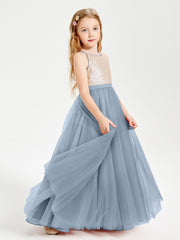 Long Junior Bridesmaid Gown Sequined Top Tulle Skirt Dusty Blue
