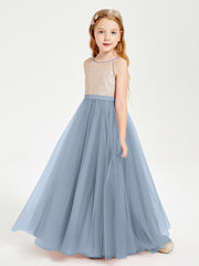 Long Junior Bridesmaid Gown Sequined Top Tulle Skirt Dusty Blue