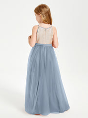 Long Junior Bridesmaid Gown Sequined Top Tulle Skirt Dusty Blue