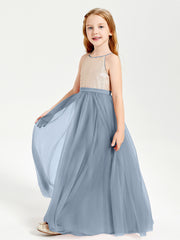 Long Junior Bridesmaid Gown Sequined Top Tulle Skirt Dusty Blue