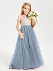 Long Junior Bridesmaid Gown Sequined Top Tulle Skirt Dusty Blue