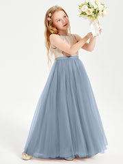 Long Junior Bridesmaid Gown Sequined Top Tulle Skirt Dusty Blue