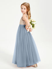 Long Junior Bridesmaid Gown Sequined Top Tulle Skirt Dusty Blue