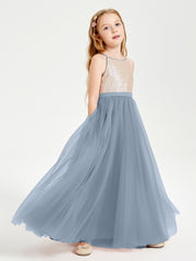 Long Junior Bridesmaid Gown Sequined Top Tulle Skirt Dusty Blue