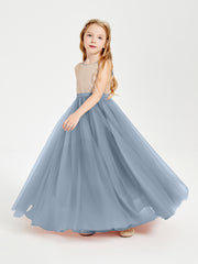 Long Junior Bridesmaid Gown Sequined Top Tulle Skirt Dusty Blue