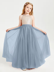 Long Junior Bridesmaid Gown Sequined Top Tulle Skirt Dusty Blue