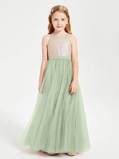 Long Junior Bridesmaid Gown Sequined Top Tulle Skirt Dusty Sage