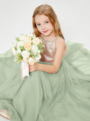 Long Junior Bridesmaid Gown Sequined Top Tulle Skirt Dusty Sage