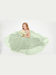 Long Junior Bridesmaid Gown Sequined Top Tulle Skirt Dusty Sage