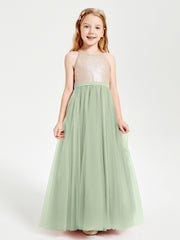 Long Junior Bridesmaid Gown Sequined Top Tulle Skirt Dusty Sage