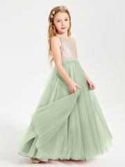 Long Junior Bridesmaid Gown Sequined Top Tulle Skirt Dusty Sage