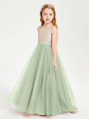 Long Junior Bridesmaid Gown Sequined Top Tulle Skirt Dusty Sage