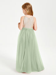 Long Junior Bridesmaid Gown Sequined Top Tulle Skirt Dusty Sage