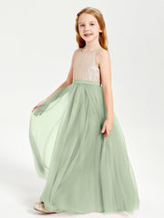 Long Junior Bridesmaid Gown Sequined Top Tulle Skirt Dusty Sage