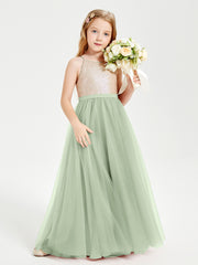 Long Junior Bridesmaid Gown Sequined Top Tulle Skirt Dusty Sage