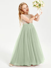 Long Junior Bridesmaid Gown Sequined Top Tulle Skirt Dusty Sage