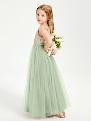 Long Junior Bridesmaid Gown Sequined Top Tulle Skirt Dusty Sage