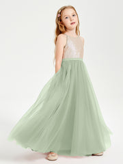 Long Junior Bridesmaid Gown Sequined Top Tulle Skirt Dusty Sage
