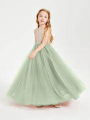 Long Junior Bridesmaid Gown Sequined Top Tulle Skirt Dusty Sage