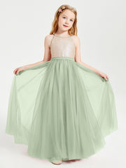 Long Junior Bridesmaid Gown Sequined Top Tulle Skirt Dusty Sage