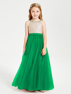 Long Junior Bridesmaid Gown Sequined Top Tulle Skirt Emerald