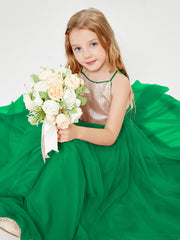 Long Junior Bridesmaid Gown Sequined Top Tulle Skirt Emerald
