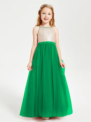 Long Junior Bridesmaid Gown Sequined Top Tulle Skirt Emerald