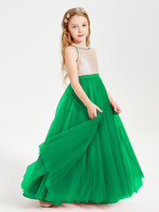 Long Junior Bridesmaid Gown Sequined Top Tulle Skirt Emerald