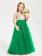Long Junior Bridesmaid Gown Sequined Top Tulle Skirt Emerald