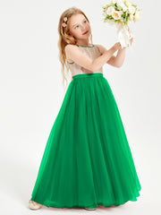 Long Junior Bridesmaid Gown Sequined Top Tulle Skirt Emerald