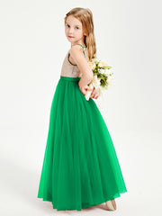 Long Junior Bridesmaid Gown Sequined Top Tulle Skirt Emerald