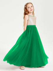 Long Junior Bridesmaid Gown Sequined Top Tulle Skirt Emerald