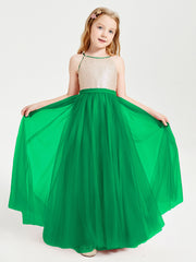 Long Junior Bridesmaid Gown Sequined Top Tulle Skirt Emerald