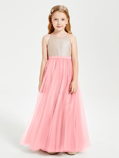 Long Junior Bridesmaid Gown Sequined Top Tulle Skirt Flamingo