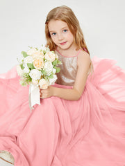 Long Junior Bridesmaid Gown Sequined Top Tulle Skirt Flamingo
