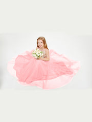 Long Junior Bridesmaid Gown Sequined Top Tulle Skirt Flamingo
