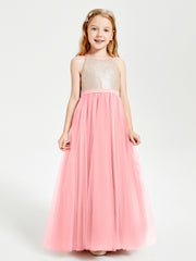 Long Junior Bridesmaid Gown Sequined Top Tulle Skirt Flamingo